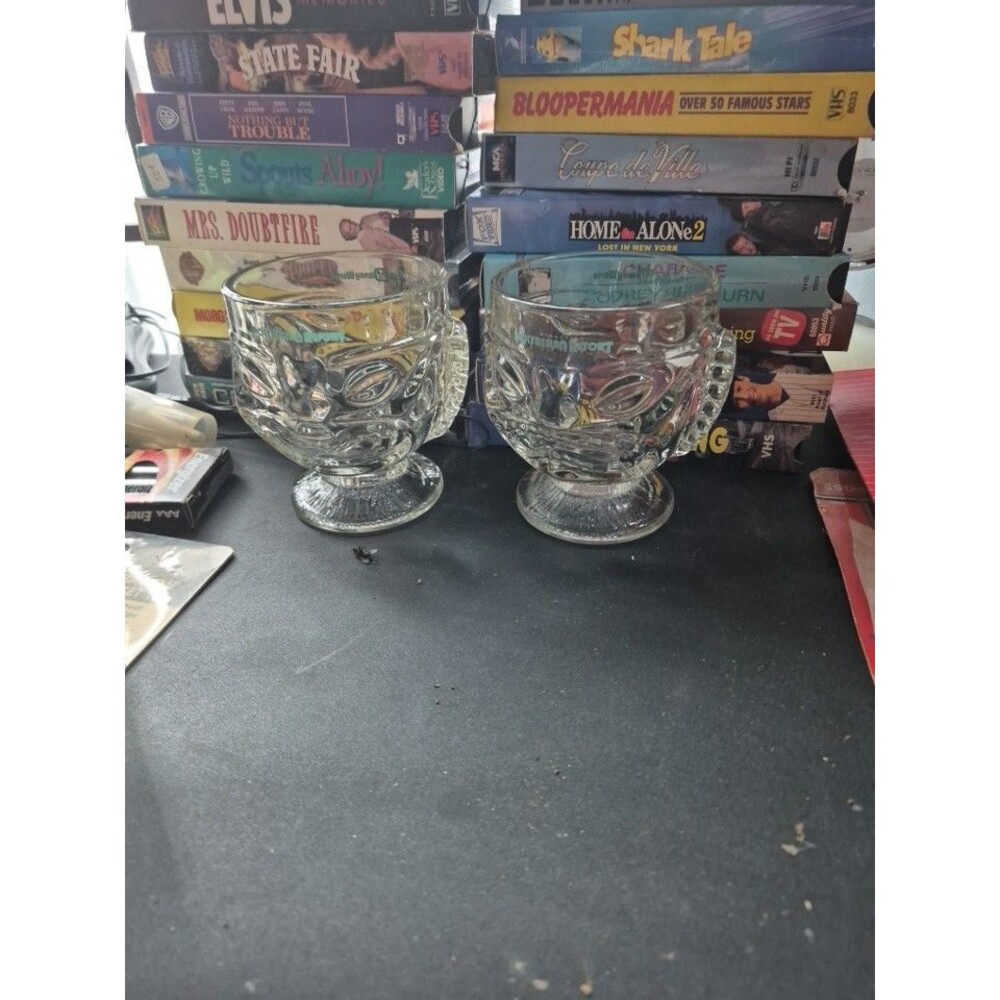Vintage Happy/Angry Face Clear Plastic Tiki Bar Mugs Footed 2 Sided Two Faced x2